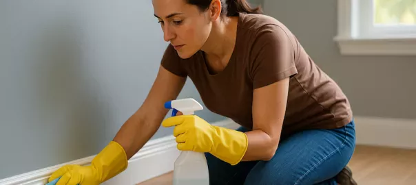 "Person rengör golvlister och socklar med trasa och rengöringsmedel – noggrann detaljstädning för ett skinande rent hem och perfekt resultat vid flyttstädning"